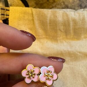 Tory Burch Pink Flower Stud Earrings with Gold Trim. Worn once